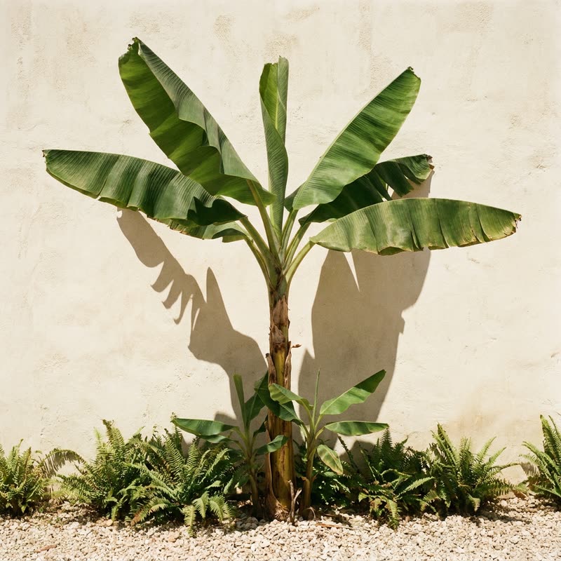 A banana plant growing against a limewashed wall, its shadow cast sharply on the plaster.