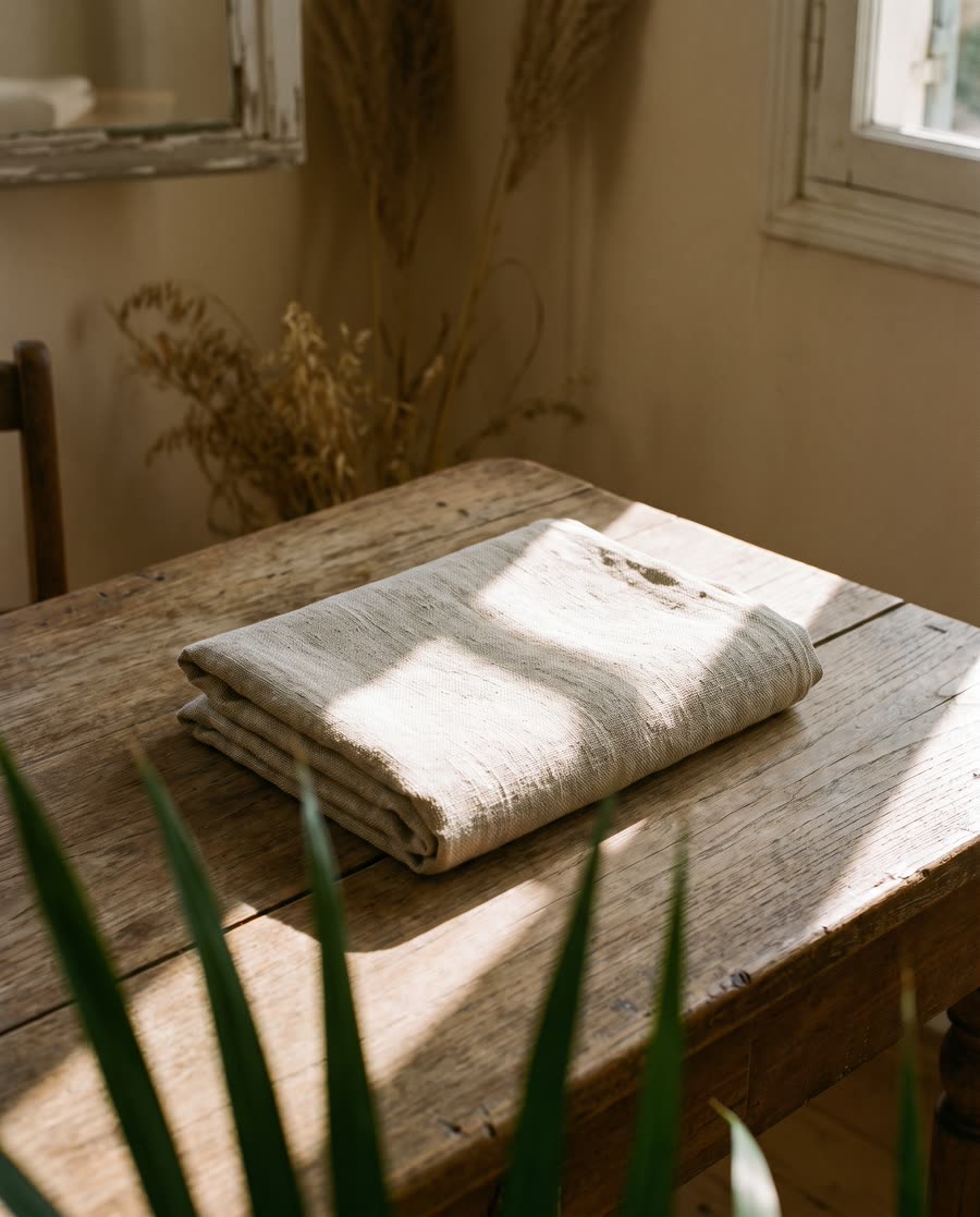A folded linen cloth on a teak table with a shaft of morning light falling across it.