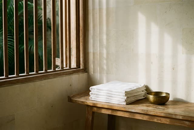 Folded white linen on a teak shelf beside a plain brass bowl, with a slatted window casting shadow across the wall.